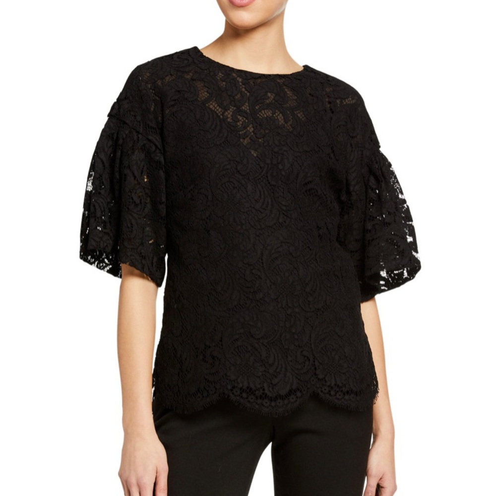 Designer Adam Lippes flutter sleeve lace top.